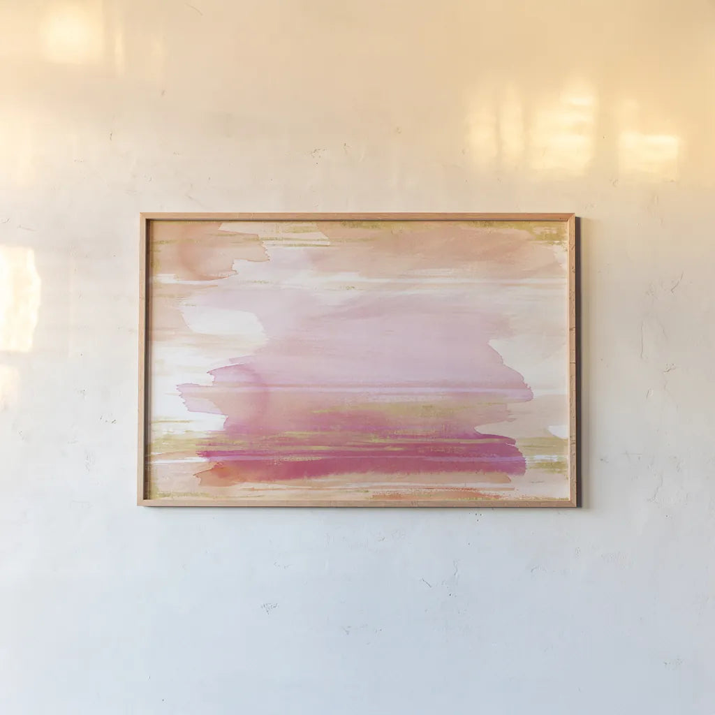 A Rosy View by Sue Schlabach. shown as a paper print in a natural frame. Available as a archival giclee rolled canvas, fine art paper, or poster print. SKU 66474i.