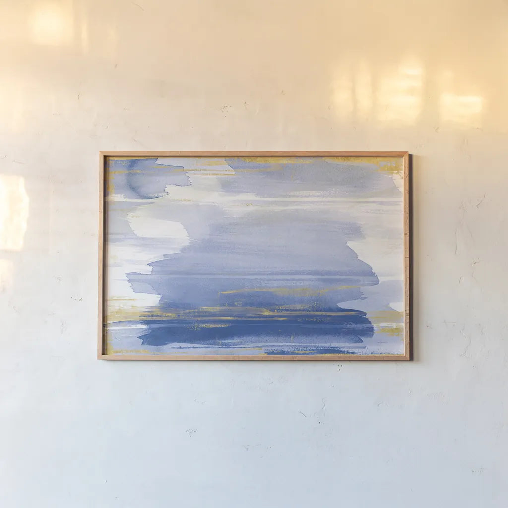 A Rosy View Blue by Sue Schlabach. shown as a paper print in a natural frame. Available as a archival giclee rolled canvas, fine art paper, or poster print. SKU 68141i.