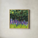 A Year of Lupines by Sue Schlabach. Shown in a natural wood glass frame for a timeless modern aesthetic. Available as an archival giclee rolled canvas, fine art paper, or poster print. SKU 88563a.
