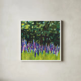 A Year of Lupines by Sue Schlabach. Shown in a crisp white glass frame for a clean and minimalist style. Available as an archival giclee rolled canvas, fine art paper, or poster print. SKU 88563a.