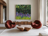 A Year of Lupines by Sue Schlabach. Shown as extra-large giant wall art in a modern living room. Available as an archival giclee rolled canvas, fine art paper, or poster print. SKU 88563a.