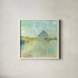 Across the Fields by Sue Schlabach. Shown in a crisp white glass frame for a clean and minimalist style. Available as an archival giclee rolled canvas, fine art paper, or poster print. SKU 38105a.