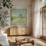 Across the Fields by Sue Schlabach. Shown in a natural wood frame in a cozy modern living room. Available as an archival giclee rolled canvas, fine art paper, or poster print. SKU 38105a.