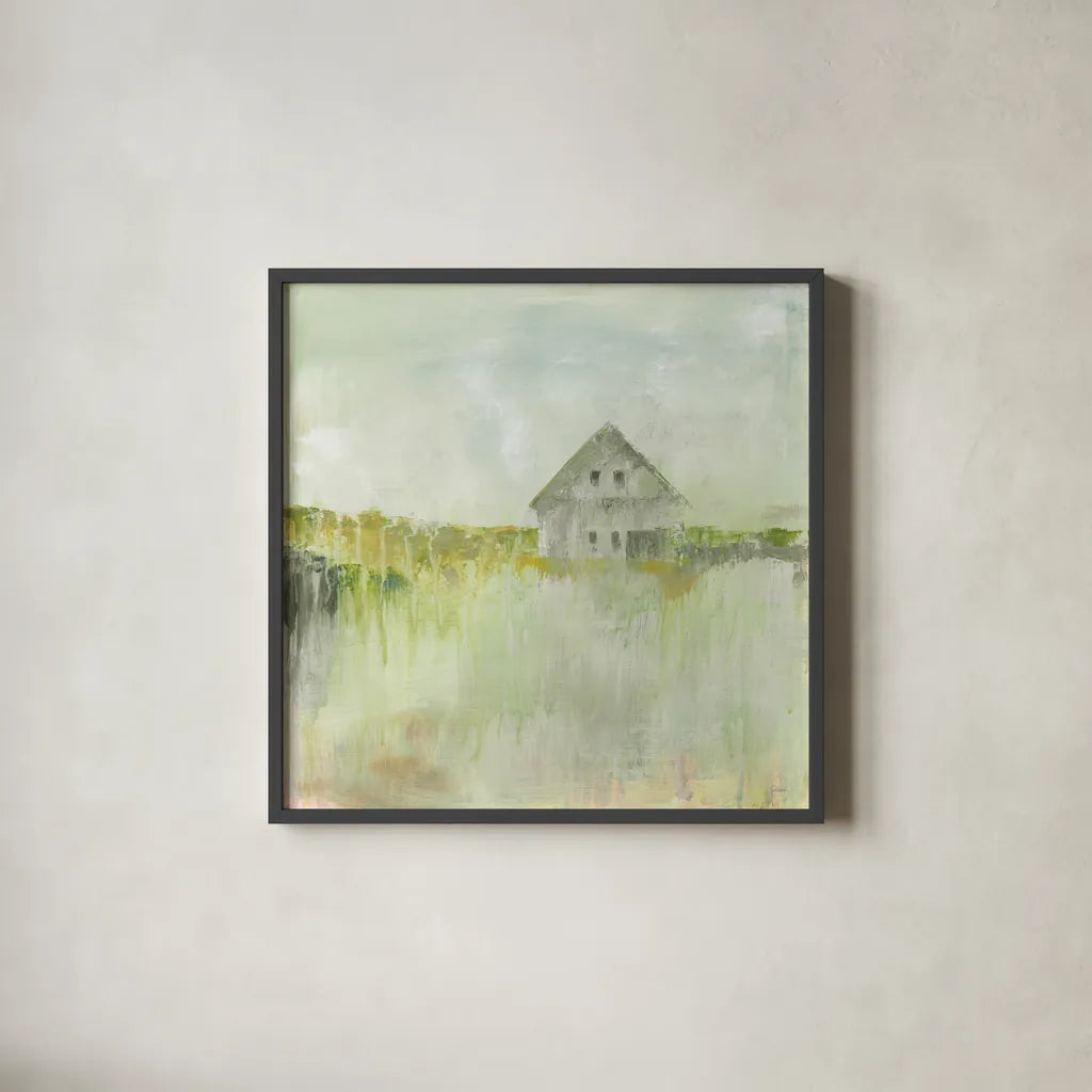 Across the Fields Neutral by Sue Schlabach. Shown in a sleek black glass frame for a contemporary gallery look. Available as an archival giclee rolled canvas, fine art paper, or poster print. SKU 52886a.
