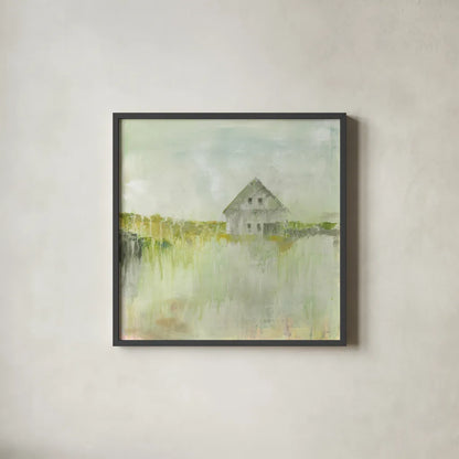 Across the Fields Neutral by Sue Schlabach. Shown in a sleek black glass frame for a contemporary gallery look. Available as an archival giclee rolled canvas, fine art paper, or poster print. SKU 52886a.