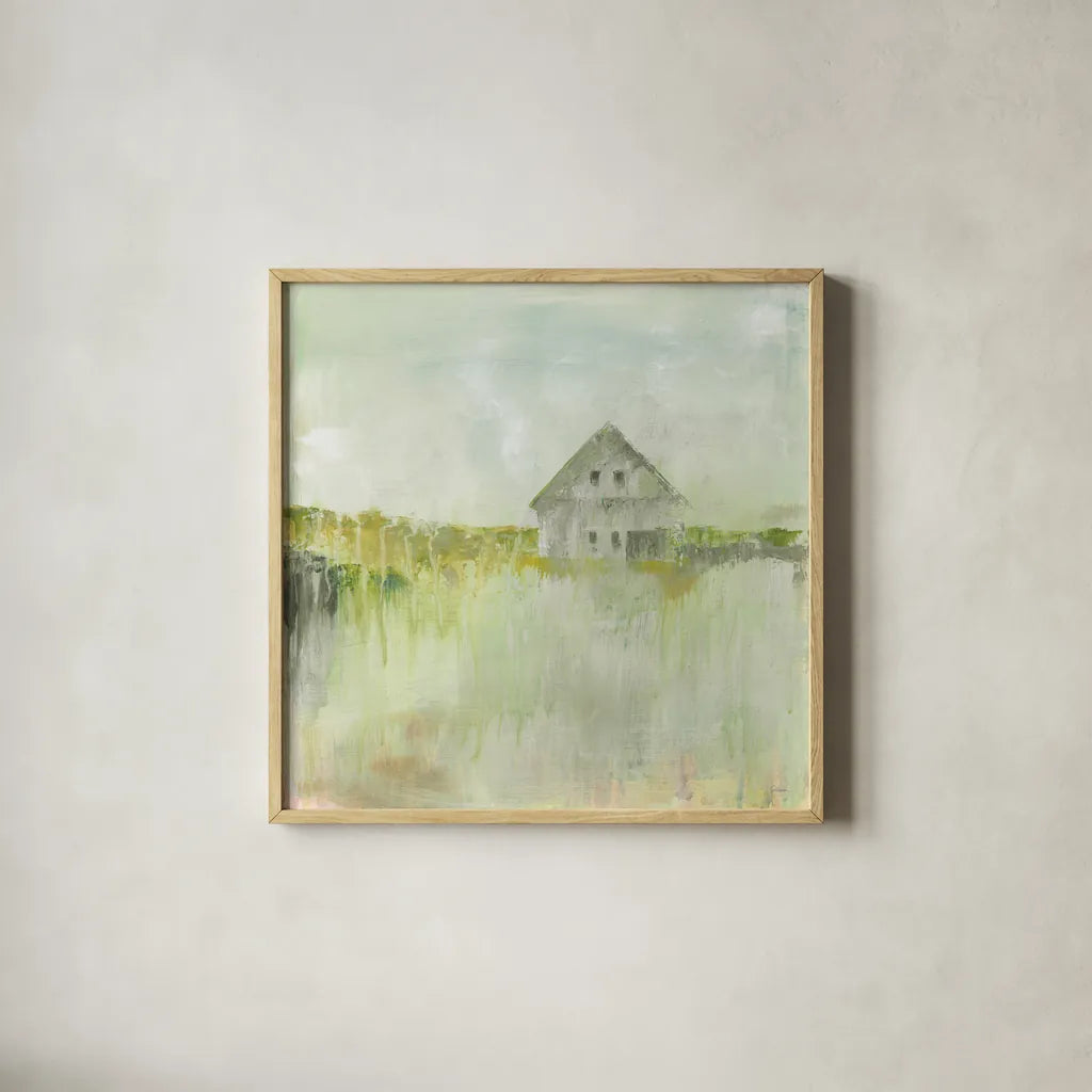 Across the Fields Neutral by Sue Schlabach. Shown in a natural wood glass frame for a timeless modern aesthetic. Available as an archival giclee rolled canvas, fine art paper, or poster print. SKU 52886a.