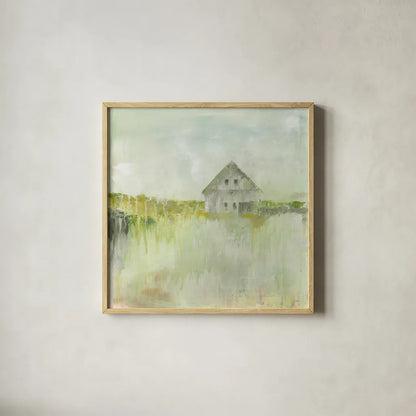 Across the Fields Neutral by Sue Schlabach. Shown in a natural wood glass frame for a timeless modern aesthetic. Available as an archival giclee rolled canvas, fine art paper, or poster print. SKU 52886a.