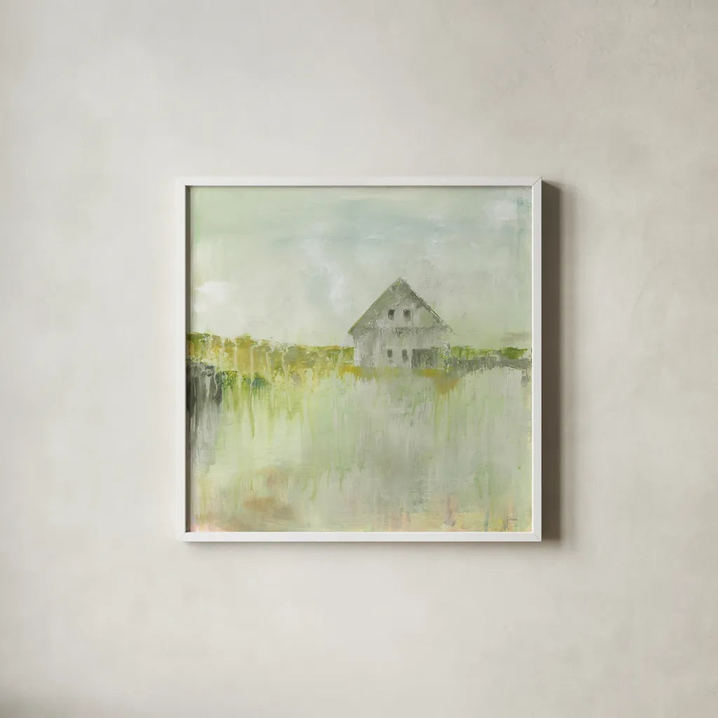 Across the Fields Neutral by Sue Schlabach. Shown in a crisp white glass frame for a clean and minimalist style. Available as an archival giclee rolled canvas, fine art paper, or poster print. SKU 52886a.