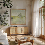 Across the Fields Neutral by Sue Schlabach. Shown in a natural wood frame in a cozy modern living room. Available as an archival giclee rolled canvas, fine art paper, or poster print. SKU 52886a.