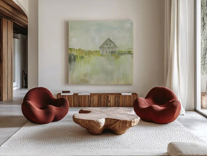 Across the Fields Neutral by Sue Schlabach. Shown as extra-large giant wall art in a modern living room. Available as an archival giclee rolled canvas, fine art paper, or poster print. SKU 52886a.