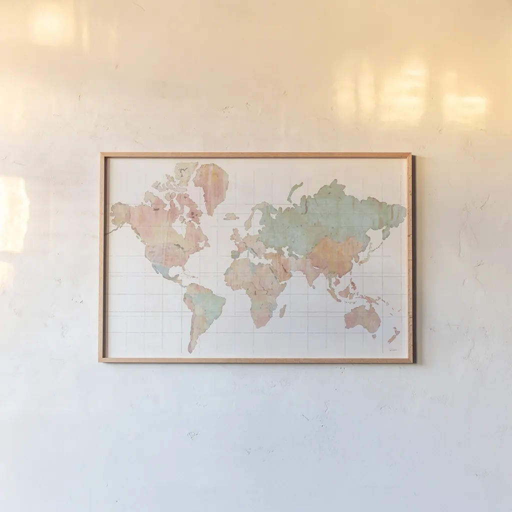 Across the World by Sue Schlabach. shown as a paper print in a natural frame. Available as a archival giclee rolled canvas, fine art paper, or poster print. SKU 37541i.
