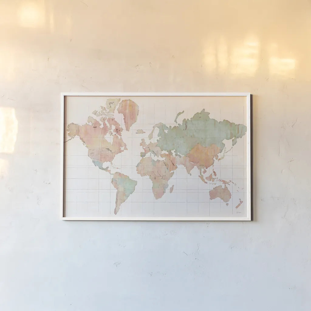 Across the World by Sue Schlabach. shown as a paper print in a white frame. Available as a archival giclee rolled canvas, fine art paper, or poster print. SKU 37541i.