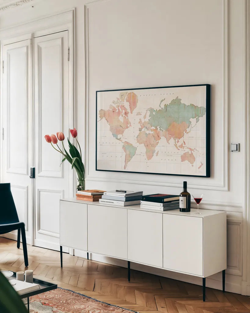 Across the World v3 by Sue Schlabach. shown as a framed stretched canvas in a living room above a console. Available as a archival giclee rolled canvas, fine art paper, or poster print. SKU 38256i.