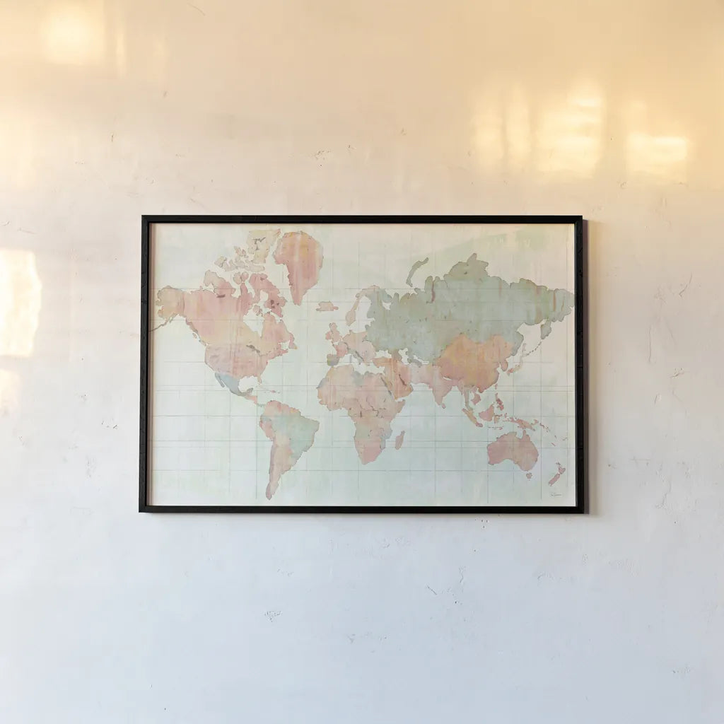 Across the World v4 by Sue Schlabach. shown as a paper print in a black flame. Available as a archival giclee rolled canvas, fine art paper, or poster print. SKU 38257i.