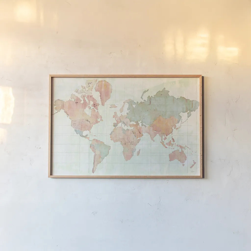Across the World v4 by Sue Schlabach. shown as a paper print in a natural frame. Available as a archival giclee rolled canvas, fine art paper, or poster print. SKU 38257i.