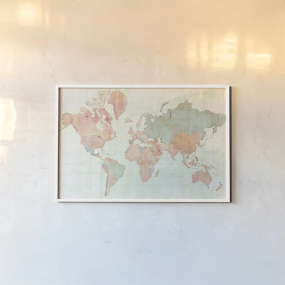 Across the World v4 by Sue Schlabach. shown as a paper print in a white frame. Available as a archival giclee rolled canvas, fine art paper, or poster print. SKU 38257i.