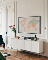 Across the World v5 by Sue Schlabach. shown as a framed stretched canvas in a living room above a console. Available as a archival giclee rolled canvas, fine art paper, or poster print. SKU 38258i.