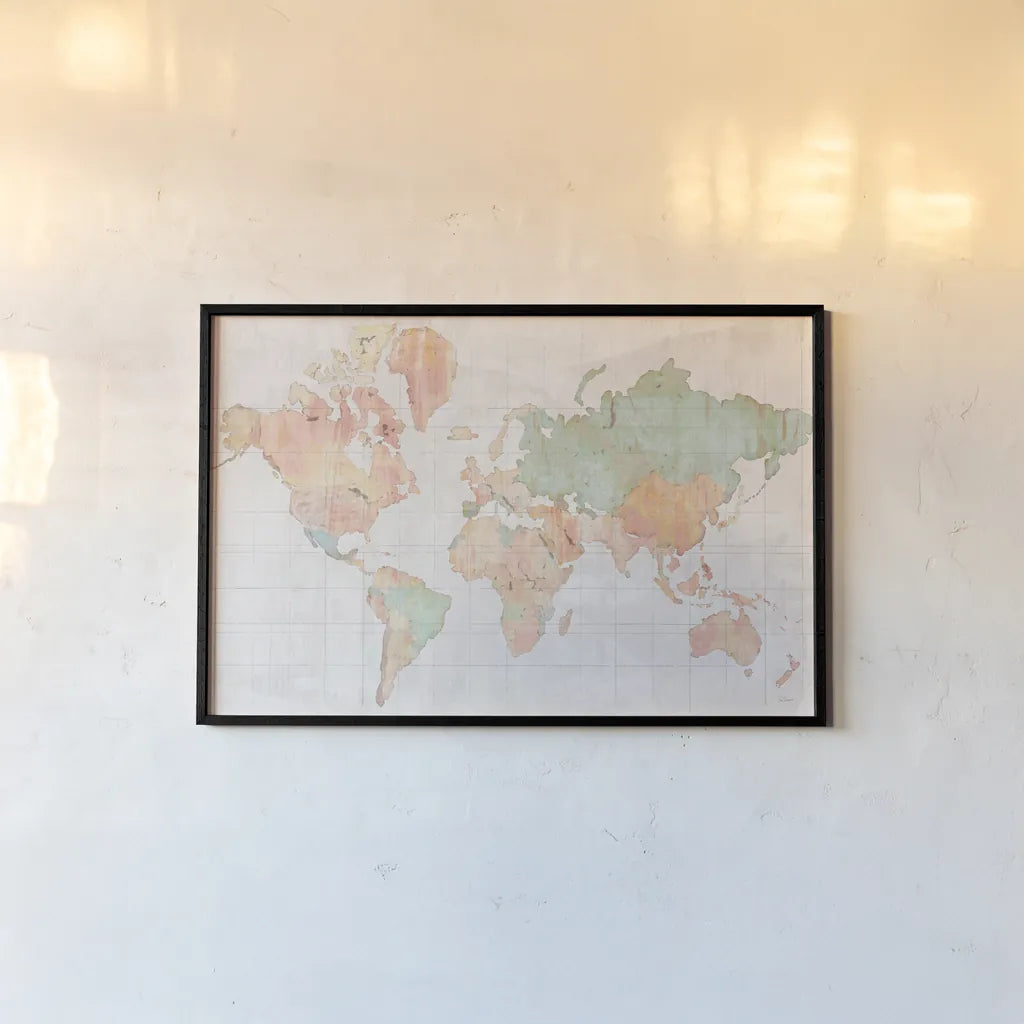 Across the World v5 by Sue Schlabach. shown as a paper print in a black flame. Available as a archival giclee rolled canvas, fine art paper, or poster print. SKU 38258i.