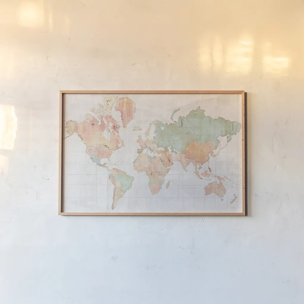 Across the World v5 by Sue Schlabach. shown as a paper print in a natural frame. Available as a archival giclee rolled canvas, fine art paper, or poster print. SKU 38258i.