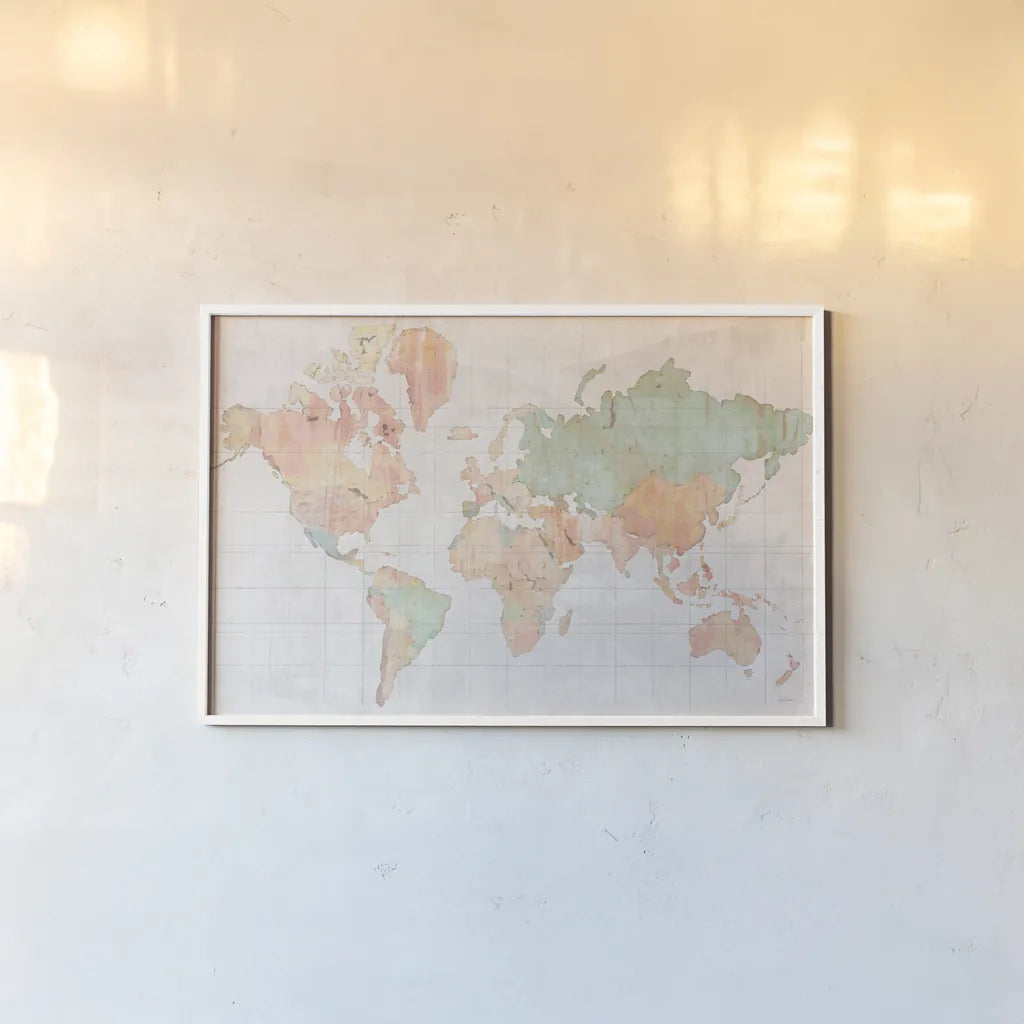 Across the World v5 by Sue Schlabach. shown as a paper print in a white frame. Available as a archival giclee rolled canvas, fine art paper, or poster print. SKU 38258i.