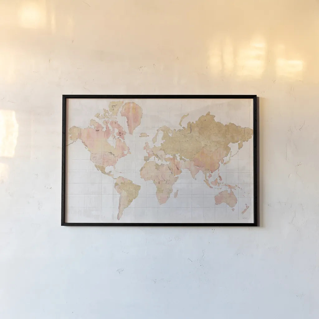 Across the World v5 Champagne by Sue Schlabach. shown as a paper print in a black flame. Available as a archival giclee rolled canvas, fine art paper, or poster print. SKU 43002i.