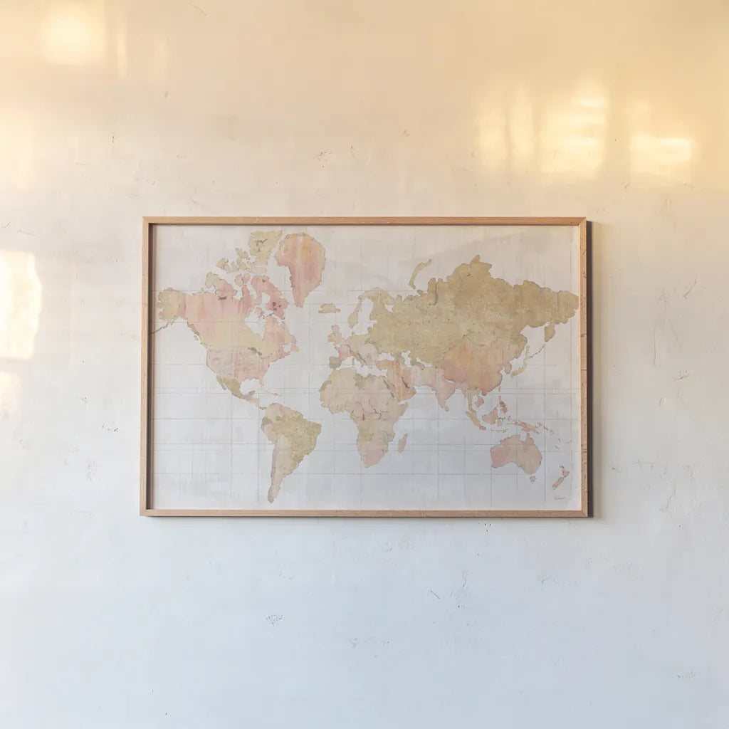 Across the World v5 Champagne by Sue Schlabach. shown as a paper print in a natural frame. Available as a archival giclee rolled canvas, fine art paper, or poster print. SKU 43002i.