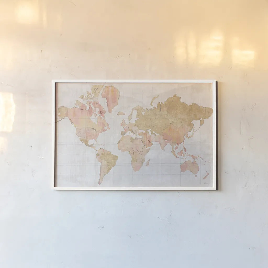 Across the World v5 Champagne by Sue Schlabach. shown as a paper print in a white frame. Available as a archival giclee rolled canvas, fine art paper, or poster print. SKU 43002i.