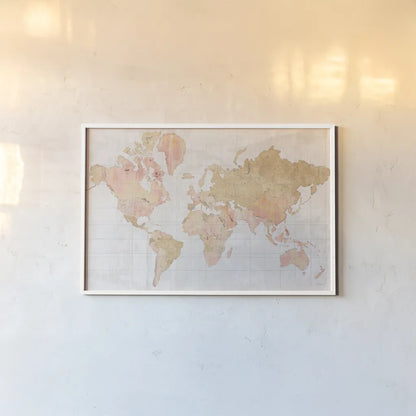 Across the World v5 Champagne by Sue Schlabach. shown as a paper print in a white frame. Available as a archival giclee rolled canvas, fine art paper, or poster print. SKU 43002i.