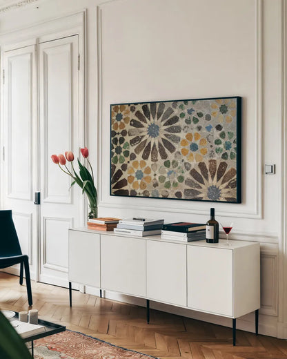 Alhambra Tile I by Sue Schlabach. shown as a framed stretched canvas in a living room above a console. Available as a archival giclee rolled canvas, fine art paper, or poster print. SKU 22051i.