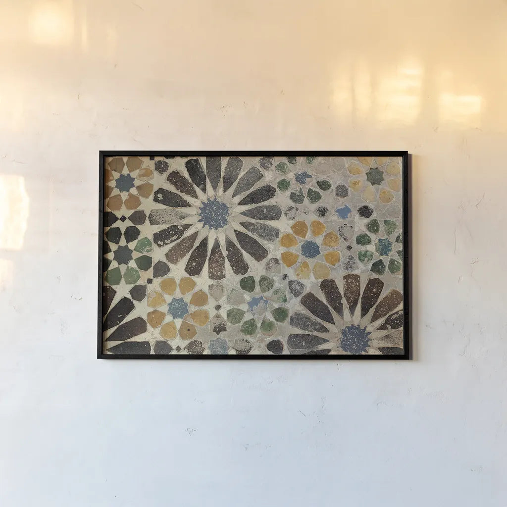 Alhambra Tile I by Sue Schlabach. shown as a paper print in a black flame. Available as a archival giclee rolled canvas, fine art paper, or poster print. SKU 22051i.