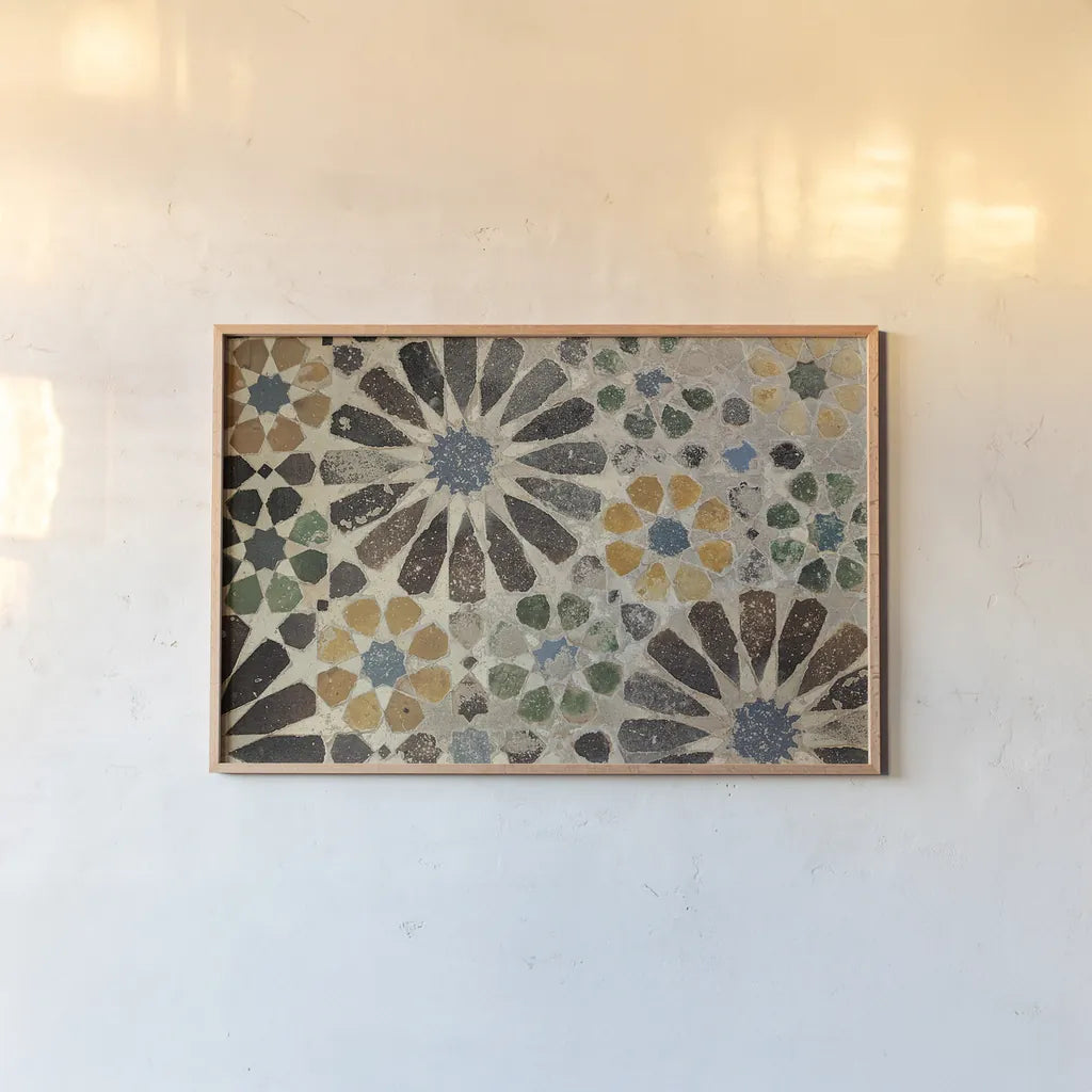 Alhambra Tile I by Sue Schlabach. shown as a paper print in a natural frame. Available as a archival giclee rolled canvas, fine art paper, or poster print. SKU 22051i.