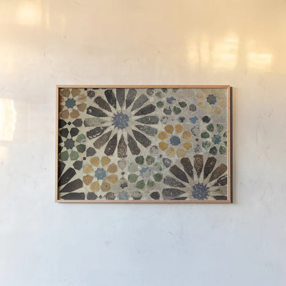 Alhambra Tile I by Sue Schlabach. shown as a paper print in a natural frame. Available as a archival giclee rolled canvas, fine art paper, or poster print. SKU 22051i.