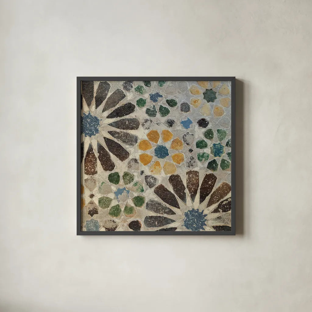 Alhambra Tile II by Sue Schlabach. Shown in a sleek black glass frame for a contemporary gallery look. Available as an archival giclee rolled canvas, fine art paper, or poster print. SKU 22052a.