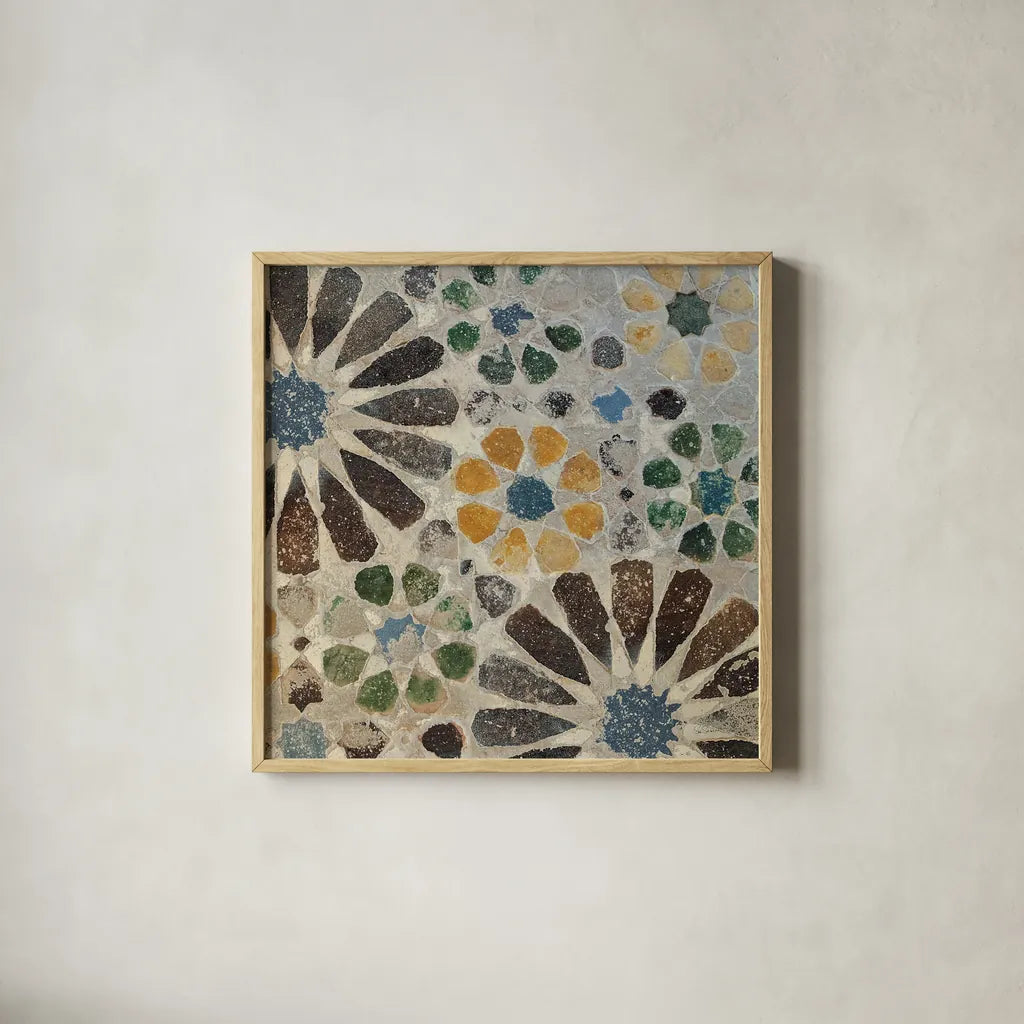 Alhambra Tile II by Sue Schlabach. Shown in a natural wood glass frame for a timeless modern aesthetic. Available as an archival giclee rolled canvas, fine art paper, or poster print. SKU 22052a.