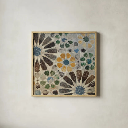 Alhambra Tile II by Sue Schlabach. Shown in a natural wood glass frame for a timeless modern aesthetic. Available as an archival giclee rolled canvas, fine art paper, or poster print. SKU 22052a.