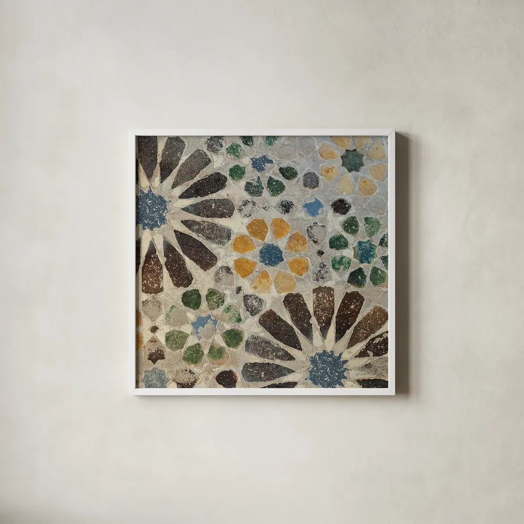 Alhambra Tile II by Sue Schlabach. Shown in a crisp white glass frame for a clean and minimalist style. Available as an archival giclee rolled canvas, fine art paper, or poster print. SKU 22052a.