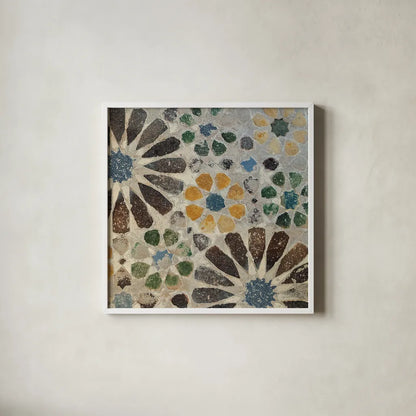 Alhambra Tile II by Sue Schlabach. Shown in a crisp white glass frame for a clean and minimalist style. Available as an archival giclee rolled canvas, fine art paper, or poster print. SKU 22052a.