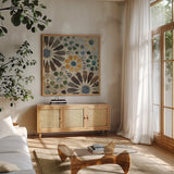 Alhambra Tile II by Sue Schlabach. Shown in a natural wood frame in a cozy modern living room. Available as an archival giclee rolled canvas, fine art paper, or poster print. SKU 22052a.