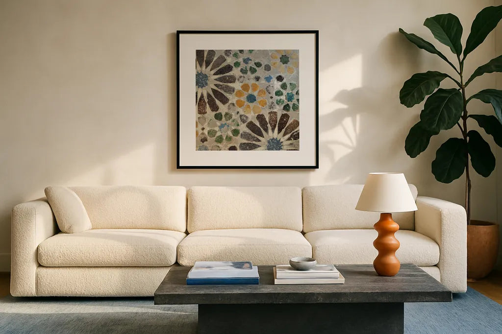 Alhambra Tile II by Sue Schlabach. Displayed in a glass frame with matte in a clean modern living room. Available as an archival giclee rolled canvas, fine art paper, or poster print. SKU 22052a.