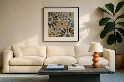 Alhambra Tile II by Sue Schlabach. Displayed in a glass frame with matte in a clean modern living room. Available as an archival giclee rolled canvas, fine art paper, or poster print. SKU 22052a.
