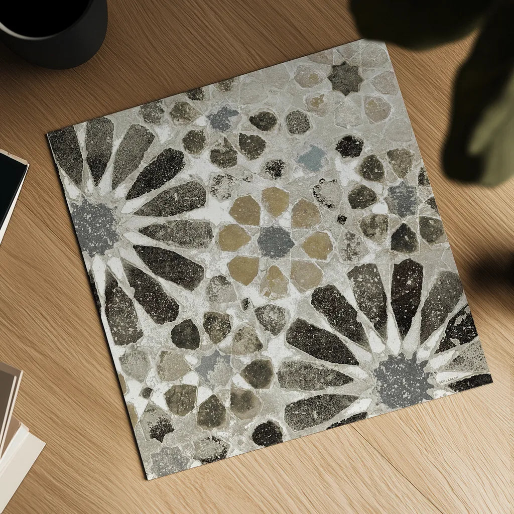 Alhambra Tile II Neutral by Sue Schlabach. Shown as a detailed flat fine art print, highlighting archival giclee quality. Available as an archival giclee rolled canvas, fine art paper, or poster print. SKU 22456a.