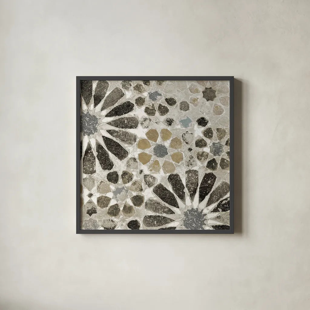 Alhambra Tile II Neutral by Sue Schlabach. Shown in a sleek black glass frame for a contemporary gallery look. Available as an archival giclee rolled canvas, fine art paper, or poster print. SKU 22456a.