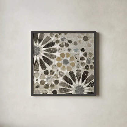 Alhambra Tile II Neutral by Sue Schlabach. Shown in a sleek black glass frame for a contemporary gallery look. Available as an archival giclee rolled canvas, fine art paper, or poster print. SKU 22456a.
