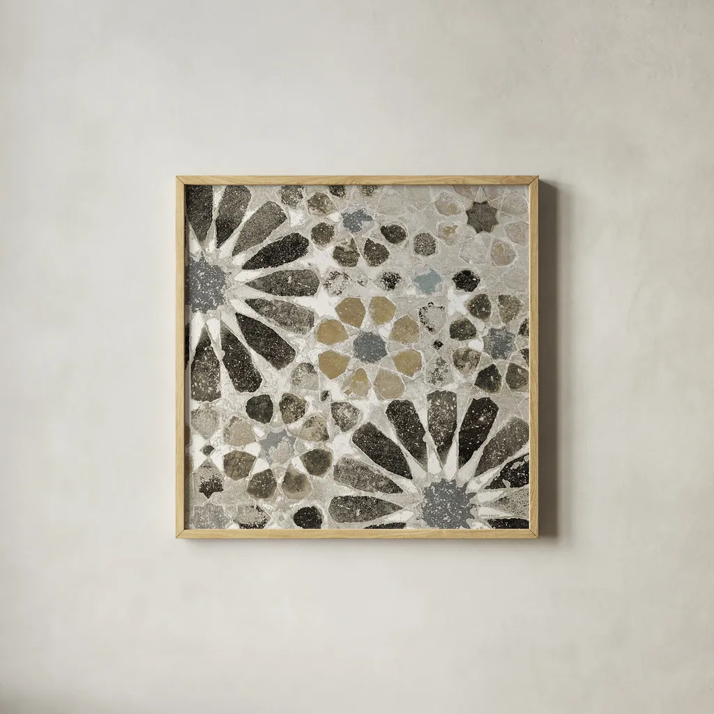 Alhambra Tile II Neutral by Sue Schlabach. Shown in a natural wood glass frame for a timeless modern aesthetic. Available as an archival giclee rolled canvas, fine art paper, or poster print. SKU 22456a.
