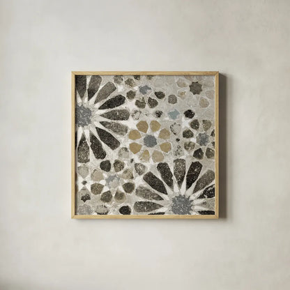 Alhambra Tile II Neutral by Sue Schlabach. Shown in a natural wood glass frame for a timeless modern aesthetic. Available as an archival giclee rolled canvas, fine art paper, or poster print. SKU 22456a.