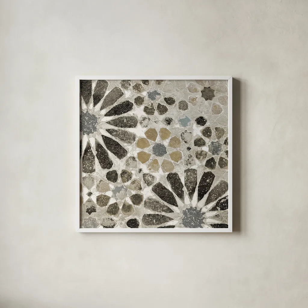 Alhambra Tile II Neutral by Sue Schlabach. Shown in a crisp white glass frame for a clean and minimalist style. Available as an archival giclee rolled canvas, fine art paper, or poster print. SKU 22456a.