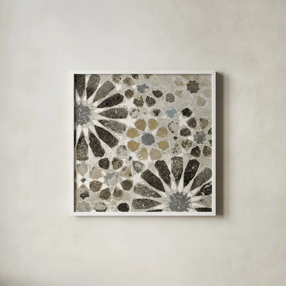 Alhambra Tile II Neutral by Sue Schlabach. Shown in a crisp white glass frame for a clean and minimalist style. Available as an archival giclee rolled canvas, fine art paper, or poster print. SKU 22456a.