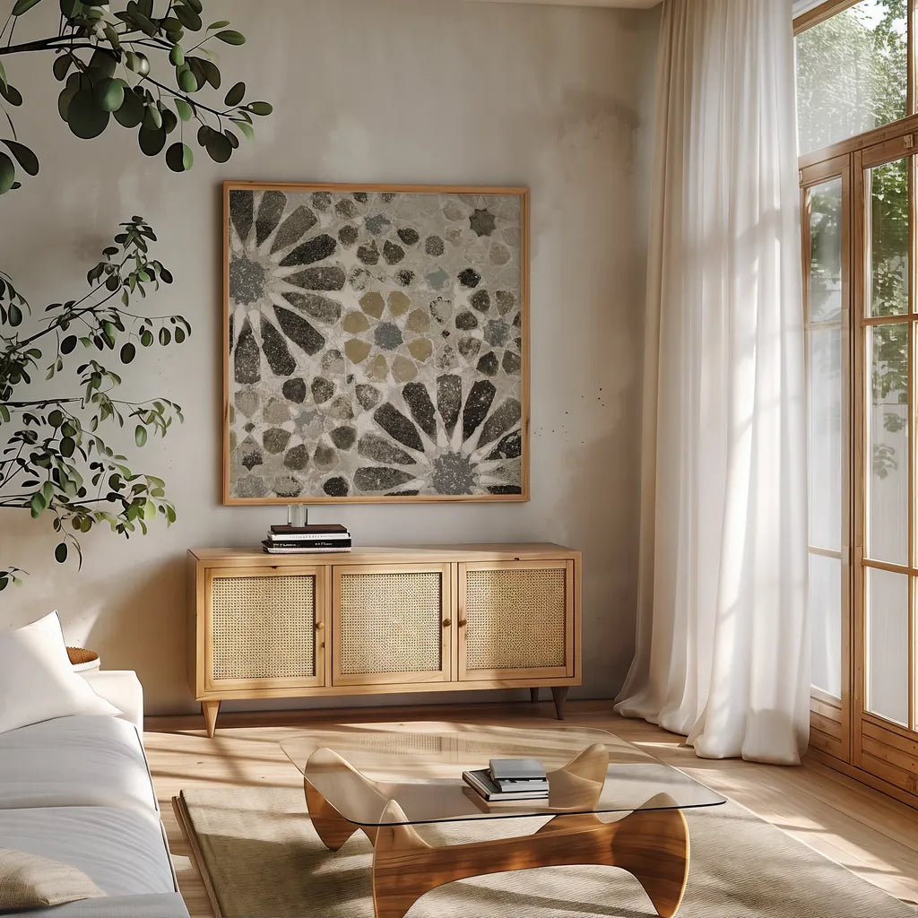 Alhambra Tile II Neutral by Sue Schlabach. Shown in a natural wood frame in a cozy modern living room. Available as an archival giclee rolled canvas, fine art paper, or poster print. SKU 22456a.