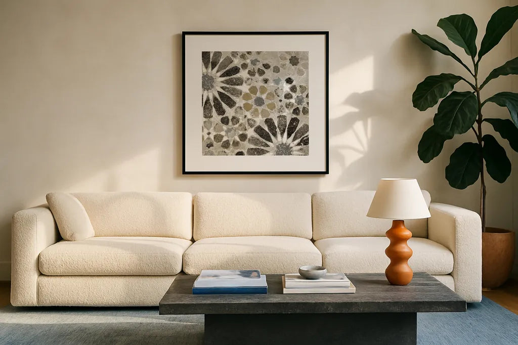 Alhambra Tile II Neutral by Sue Schlabach. Displayed in a glass frame with matte in a clean modern living room. Available as an archival giclee rolled canvas, fine art paper, or poster print. SKU 22456a.