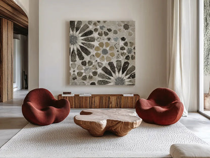 Alhambra Tile II Neutral by Sue Schlabach. Shown as extra-large giant wall art in a modern living room. Available as an archival giclee rolled canvas, fine art paper, or poster print. SKU 22456a.